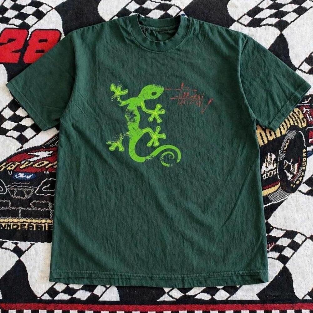 Gildan Men Green T-Shirt, Stussy Green Graphic Tee With Lizard